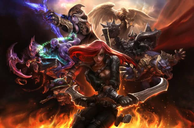 Ashe League Of Legends stands fierce with other champions in fiery battle, HD Desktop Wallpaper