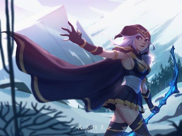 Ashe League Of Legends character wearing dark armor and holding a glowing blue bow in a snowy landscape, HD Desktop Wallpaper