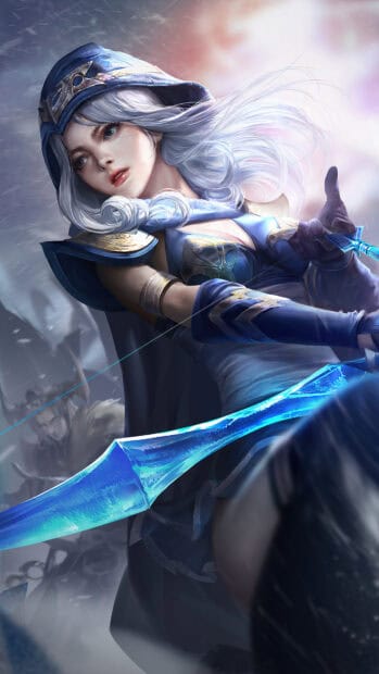 Ashe from League of Legends aiming her glowing bow in a storm, 4K Phone Wallpaper