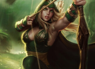 Ashe League Of Legends wallpapers showcase the archer preparing to shoot in a mystical woodland, 2K Desktop Wallpaper