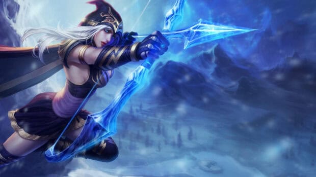 Ashe League of Legends wallpapers shows a focused archer ready to shoot, 4K Desktop Wallpaper