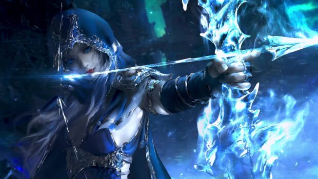 Ashe League of Legends wallpapers showcase a fierce archer in a blue hood drawing an icy glowing bow, HD Desktop Wallpaper