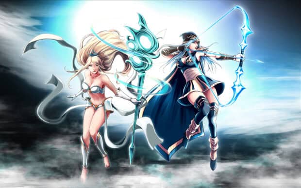 Ashe League Of Legends features a powerful archer with glowing bow, 2K Desktop Wallpaper