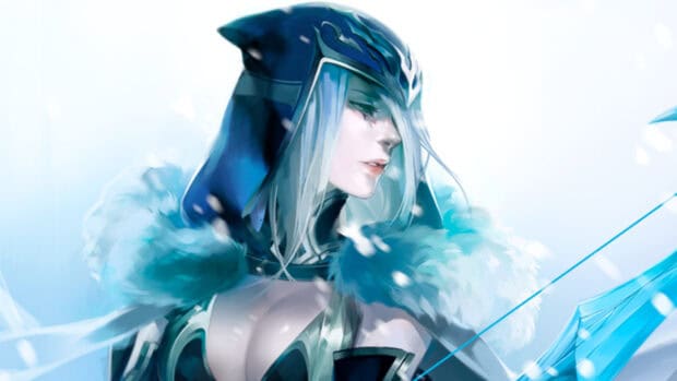 Ashe League Of Legends character with icy bow in snowy setting, HD Desktop Wallpaper