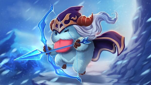 A cute Ashe character is aiming an icy bow in a snowy landscape, HD Desktop Wallpaper