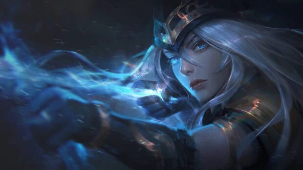 Ashe League Of Legends with glowing ice arrow ready to shoot, 4K Desktop Wallpaper
