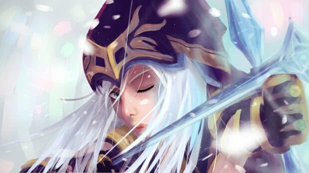 A close up digital artwork of Ashe from League of Legends showing her with white hair and a bow, 4K Desktop Wallpaper
