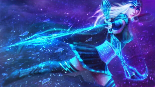 Ashe from League of Legends is drawing her glowing bow ready to shoot an arrow, HD Desktop Wallpaper