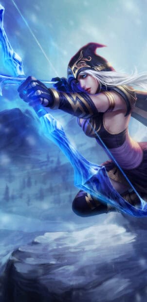 Ashe from League of Legends draws a glowing icy bow in a snowy landscape, 2K Mobile Wallpaper