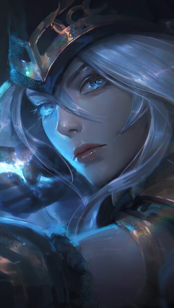 A detailed digital painting of Ashe from League of Legends showing her glowing blue eyes and armor, HD Phone Wallpaper