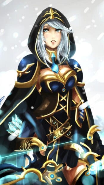 Ashe from League of Legends stands with a glowing bow in ornate armor and a hood, HD Mobile Wallpaper
