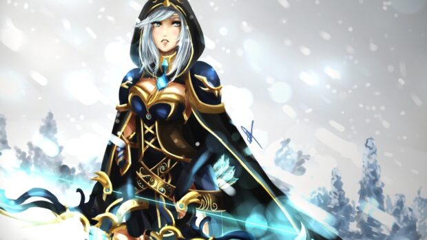 Ashe from League of Legends stands ready with her glowing bow in a snowy landscape, HD Desktop Wallpaper