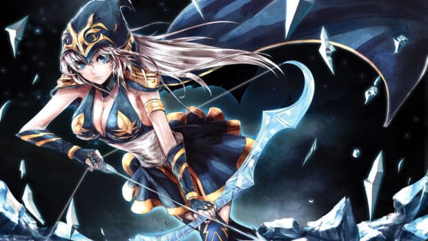 Ashe from League of Legends aiming her icy bow in a dark night, HD Desktop Wallpaper