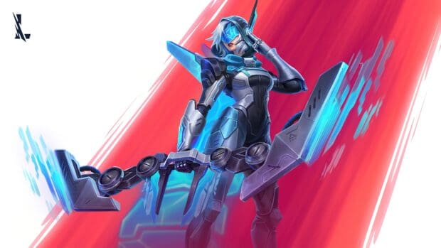 Ashe stands with high tech bow and glowing blue highlights, 4K Desktop Wallpaper