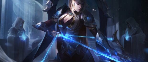 Ashe prepares her bow with glowing magical arrows in a dark temple, 2K Desktop Wallpaper