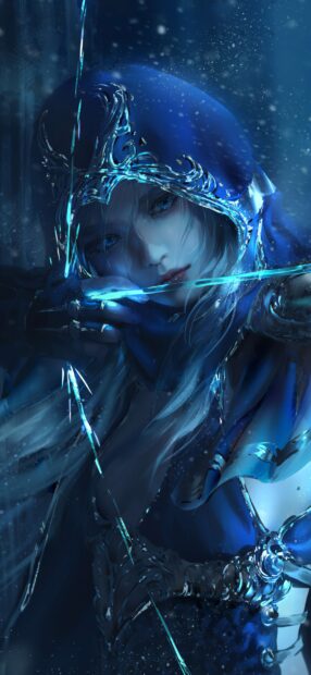 A detailed illustration of Ashe from League of Legends aiming her bow, HD Phone Wallpaper