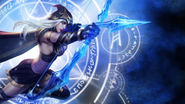 Ashe in action with a magical bow focused on her target, HD Desktop Wallpaper