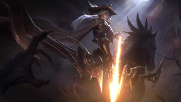 Ashe League Of Legends Wallpapers show a warrior standing with a glowing sword in a dark, mysterious setting, HD Desktop Wallpaper