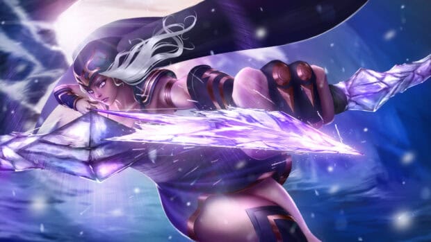 Ashe League Of Legends attacks with her icy bow, HD Desktop Wallpaper