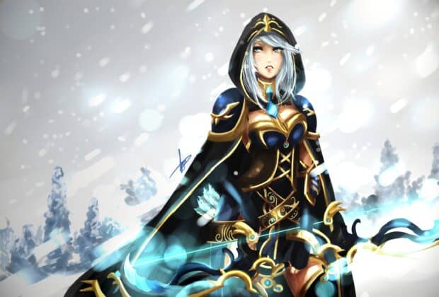 Ashe League Of Legends stands poised with her glowing bow in a snowy landscape, 2K Desktop Wallpaper