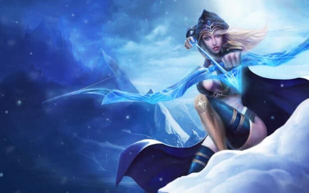Ashe is aiming her bow in a snowy landscape, HD Desktop Wallpaper