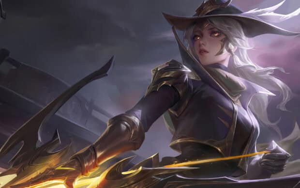 Ashe stands ready with her glowing bow under a moody sky, 2K Desktop Wallpaper