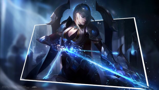 Ashe from League of Legends aiming a glowing blue bow in a dark fantasy setting, 2K Desktop Wallpaper
