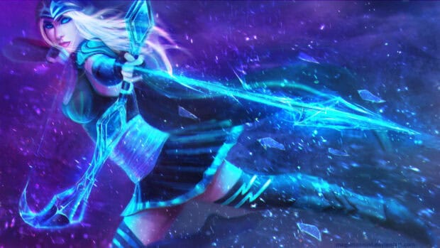 Ashe with a glowing ice bow aiming at her target in a magical battlefield, HD Desktop Wallpaper