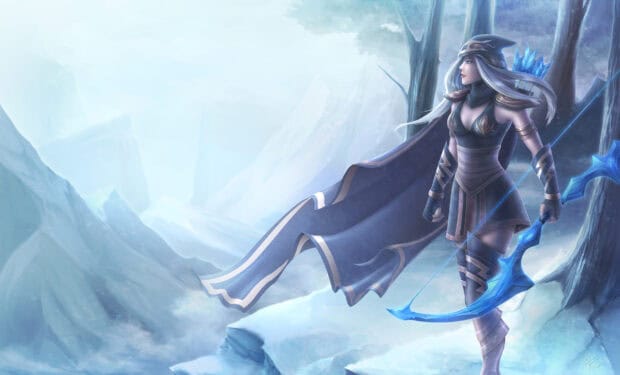 Ashe League Of Legends stands in a snowy mountain scene holding her glowing bow, HD Desktop Wallpaper
