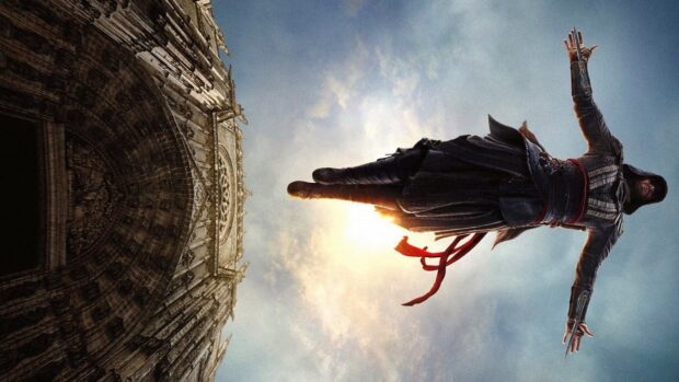 A character is jumping off a historic building under a cloudy sky in Assassins Creed movie, HD Desktop Wallpaper