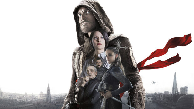 The image shows main characters from Assassins Creed movie standing with a cityscape background, 4K Desktop Wallpaper