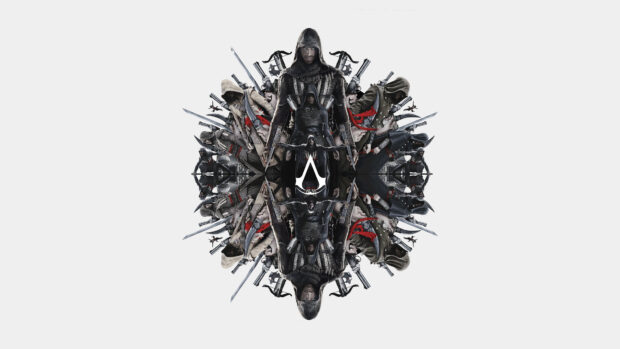 The image shows multiple characters from Assassins Creed movie arranged in a symmetrical design, 4K Desktop Wallpaper