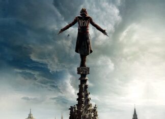 A figure in an Assassin outfit stands on a high spire under a dramatic cloudy sky, 4K Desktop Wallpaper