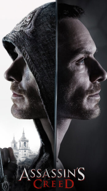 A split image shows two men from Assassins Creed movie wallpapers, 4K Phone Wallpaper