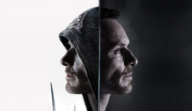 A split image showing two profiles facing opposite directions from Assassins Creed movie, 2K Desktop Wallpaper