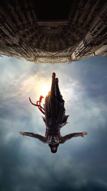 A character from Assassins Creed movie is diving with buildings in the background, HD Phone Wallpaper
