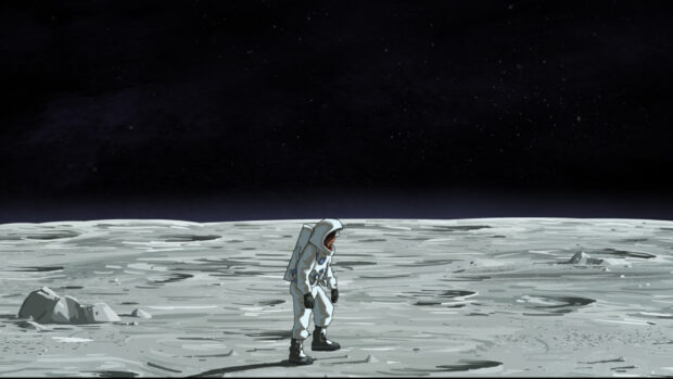 An astronaut in a space suit stands on the moon's surface under a starry sky, HD Desktop Wallpaper