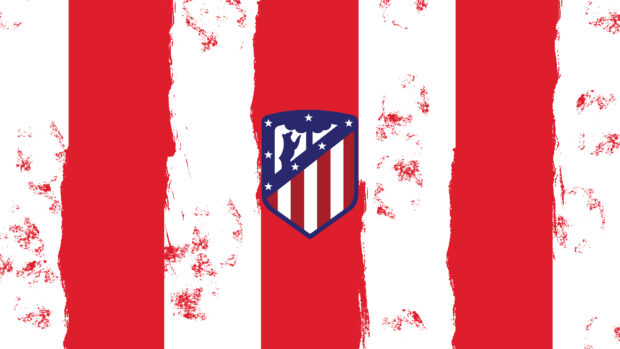 The Atletico Madrid emblem is centered on red and white vertical stripes with a grunge effect, 2K Desktop Wallpaper