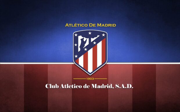 The Atletico Madrid logo is displayed on a blue and red striped background, HD Desktop Wallpaper