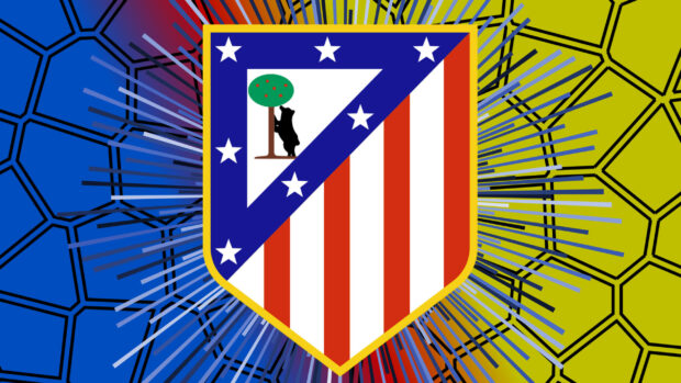 The Atletico Madrid crest is displayed with a colorful geometric background, 2K Desktop Wallpaper