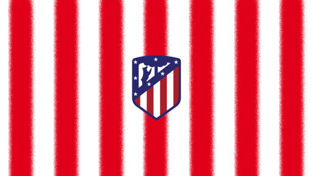 The Atletico Madrid emblem is centered on a pattern of red and white vertical stripes, 2K Desktop Wallpaper