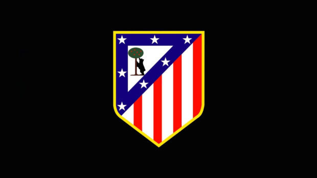 The Atletico Madrid logo features a bear and tree with stars and red stripes on a black background, HD Desktop Wallpaper