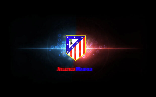 The Atletico Madrid logo is shown with glowing blue and red light effects, HD Desktop Wallpaper