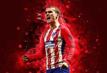 A passionate Atletico Madrid player is celebrating with a red fiery background, HD Desktop Wallpaper