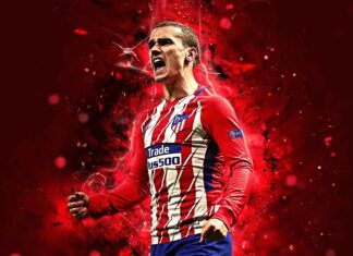 A passionate Atletico Madrid player is celebrating with a red fiery background, HD Desktop Wallpaper