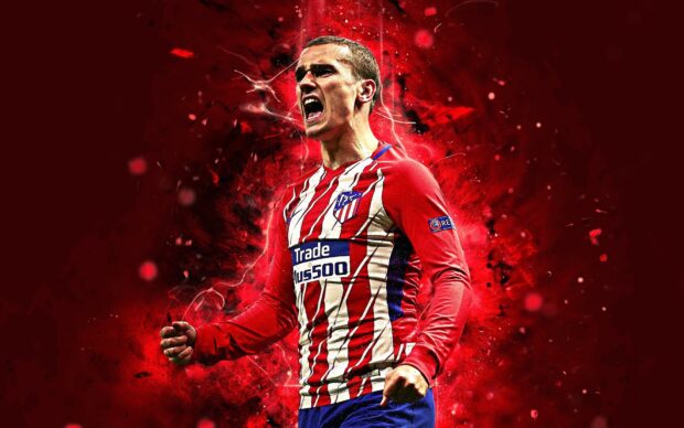 A passionate Atletico Madrid player is celebrating with a red fiery background, HD Desktop Wallpaper
