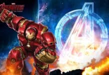 The Hulkbuster suit stands ready amid fire and cosmic background from Avengers, HD Desktop Wallpaper