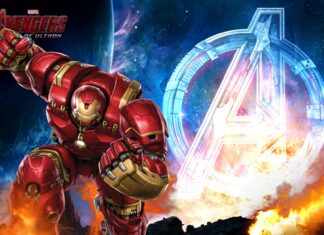 The Hulkbuster suit stands ready amid fire and cosmic background from Avengers, HD Desktop Wallpaper