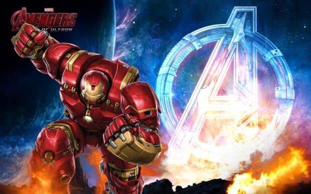 The Hulkbuster suit stands ready amid fire and cosmic background from Avengers, HD Desktop Wallpaper