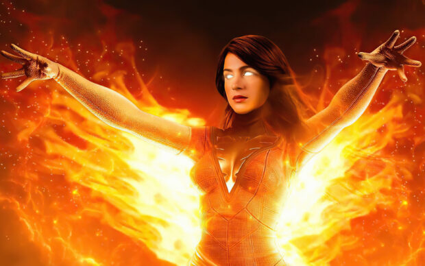 Aya Cash with glowing eyes and fire wings in a powerful stance, 2K Desktop Wallpaper
